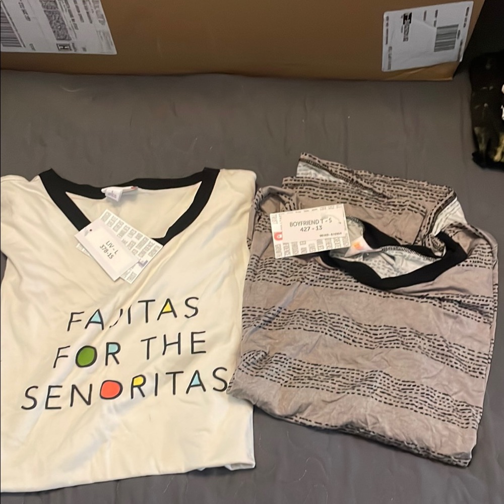 LuLaRoe Large Liv & small Boyfriend Y grey stripe